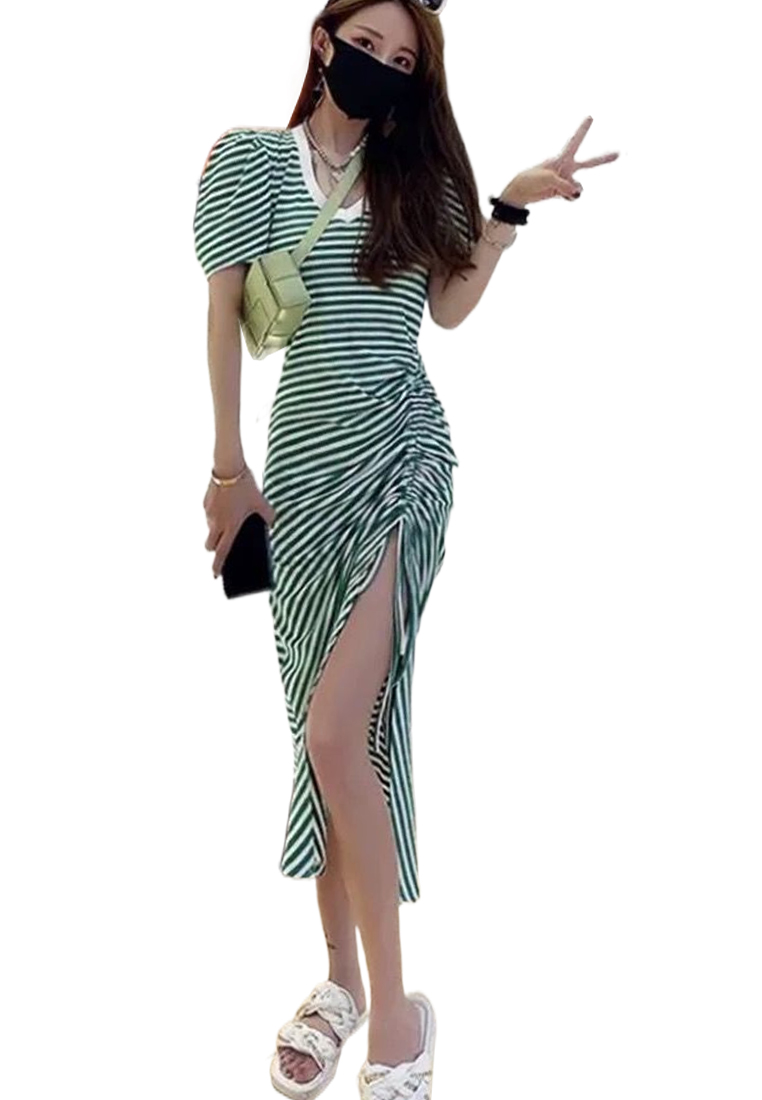 Summer new fashion striped side slit knitted dress CA24050617BK