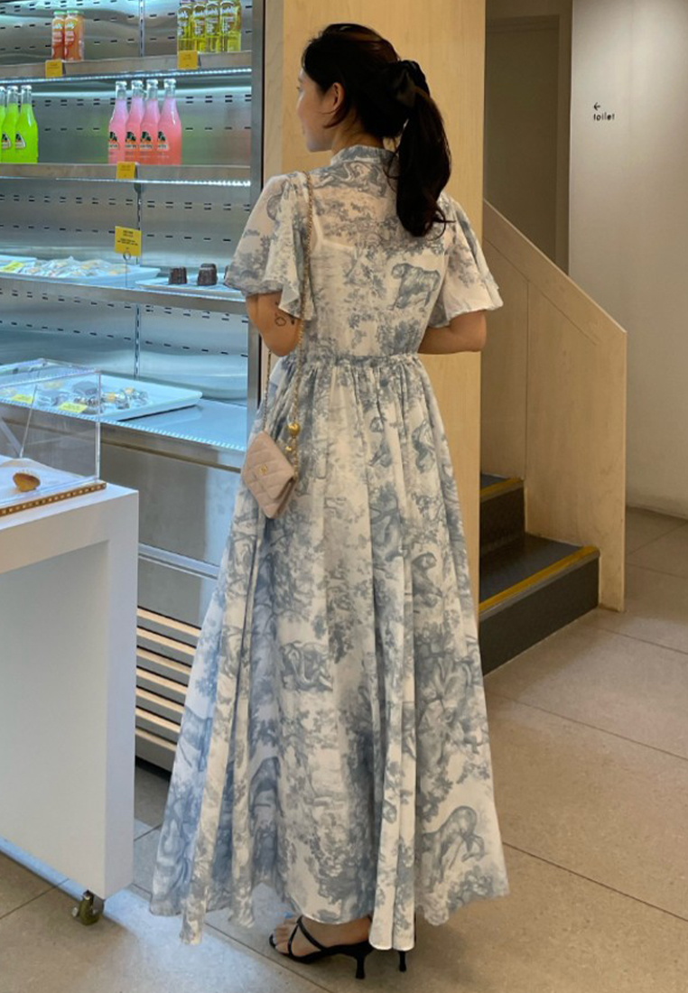 Summer vintage ink wash lace up chiffon dress CA25032717RD