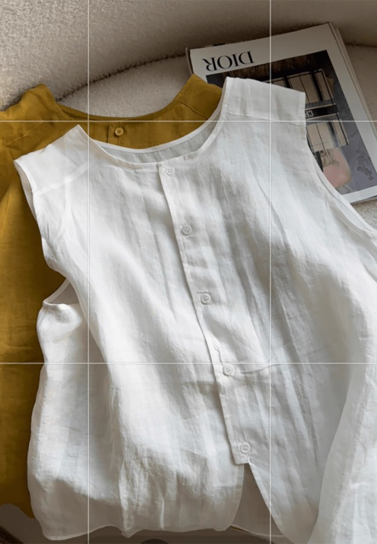 New summer retro round neck linen sleeveless top CA25070917YE