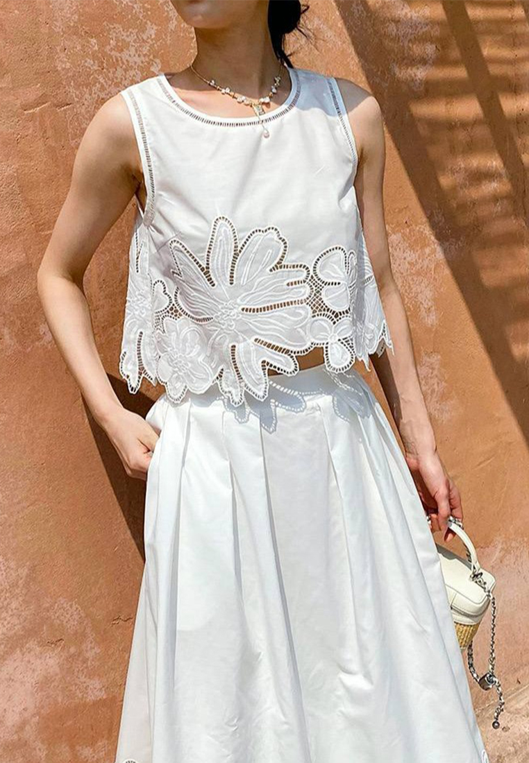 French Embroidered Sleeveless Vest High Waist Skirt Set CA25070917W