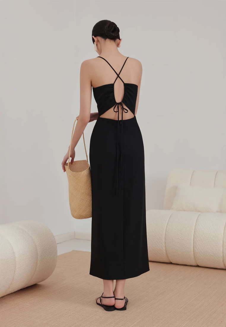 2025 Summer New Backless Slit Suspender Little Black Dress CA25032717BK