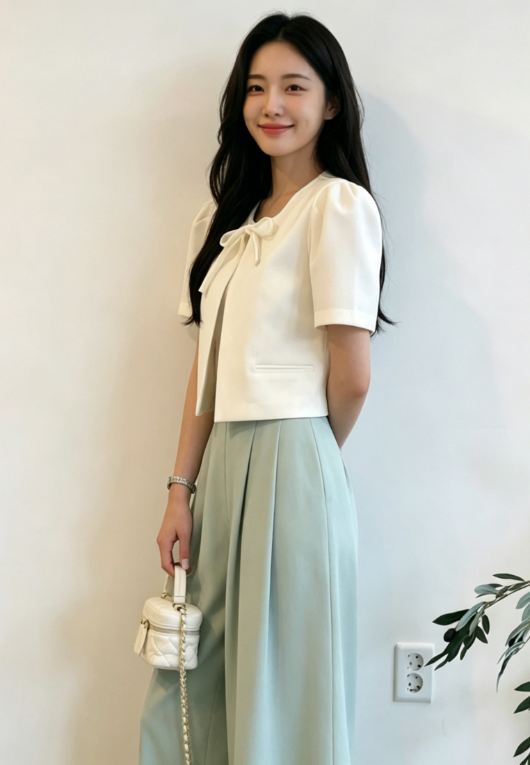 Chic Style Puff Sleeve Tie Front Cropped Cardigan K26050506