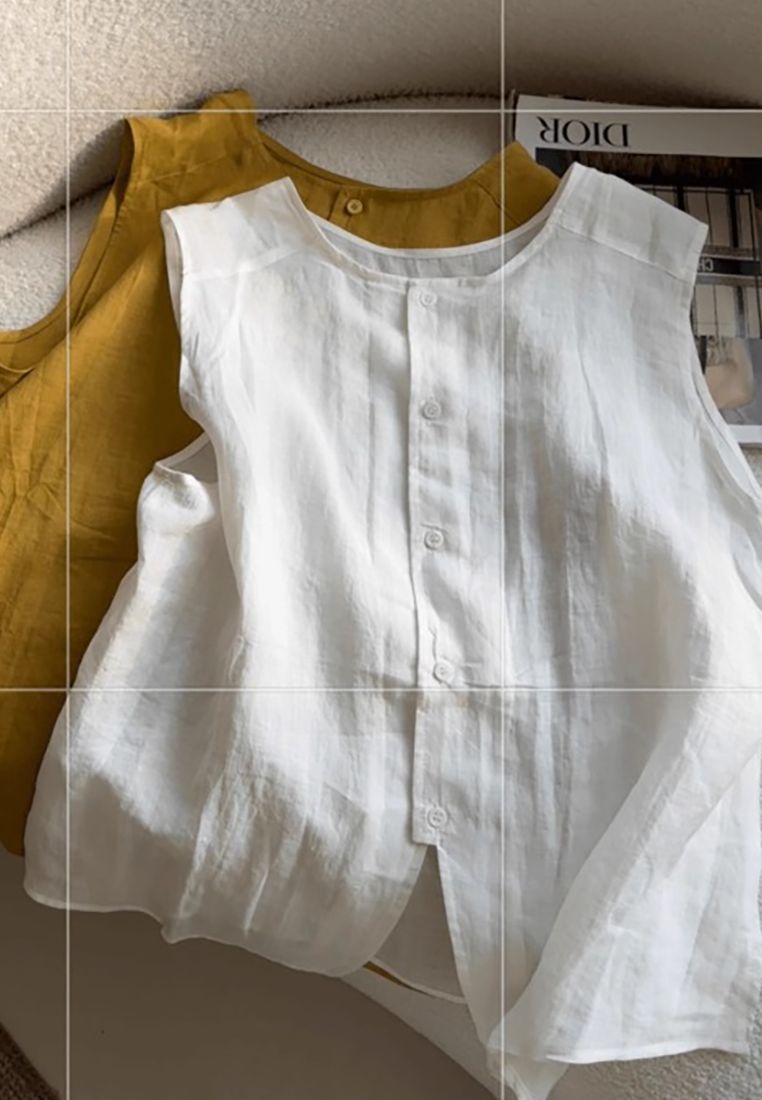 New summer retro round neck linen sleeveless top CA25070917YE