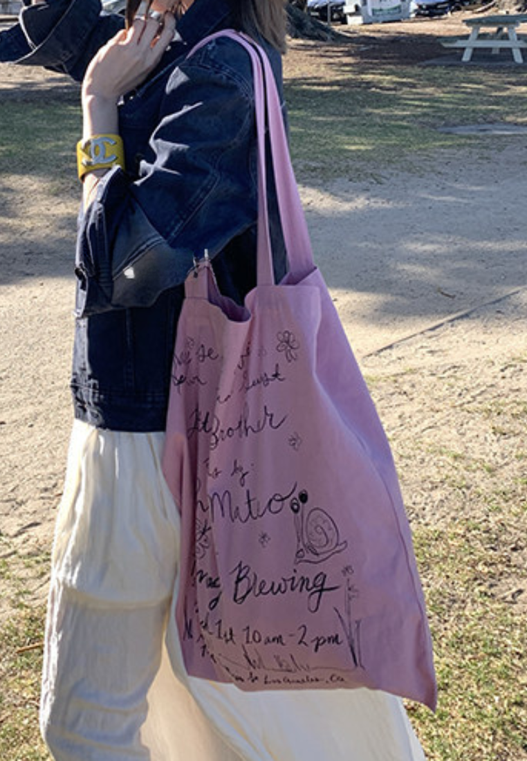 Boho Handwritten Print Canvas Tote Bag Reusable Grocery Shoulder Bag K26041402