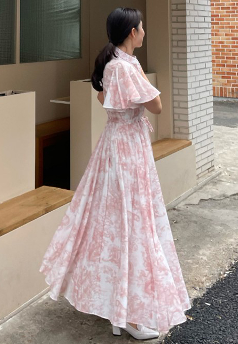 Summer vintage ink wash lace up chiffon dress CA25032717RD