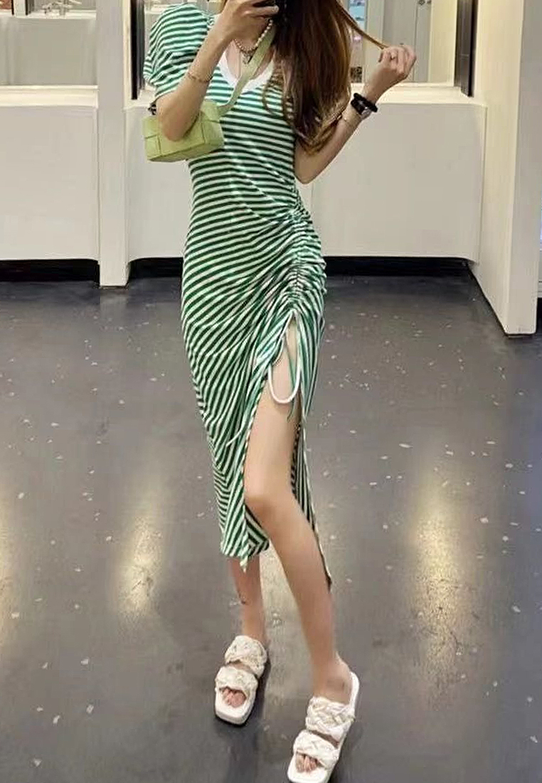 Summer new fashion striped side slit knitted dress CA24050617BK