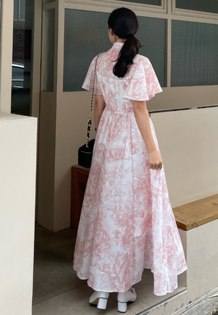 Summer vintage ink wash lace up chiffon dress CA25032717RD