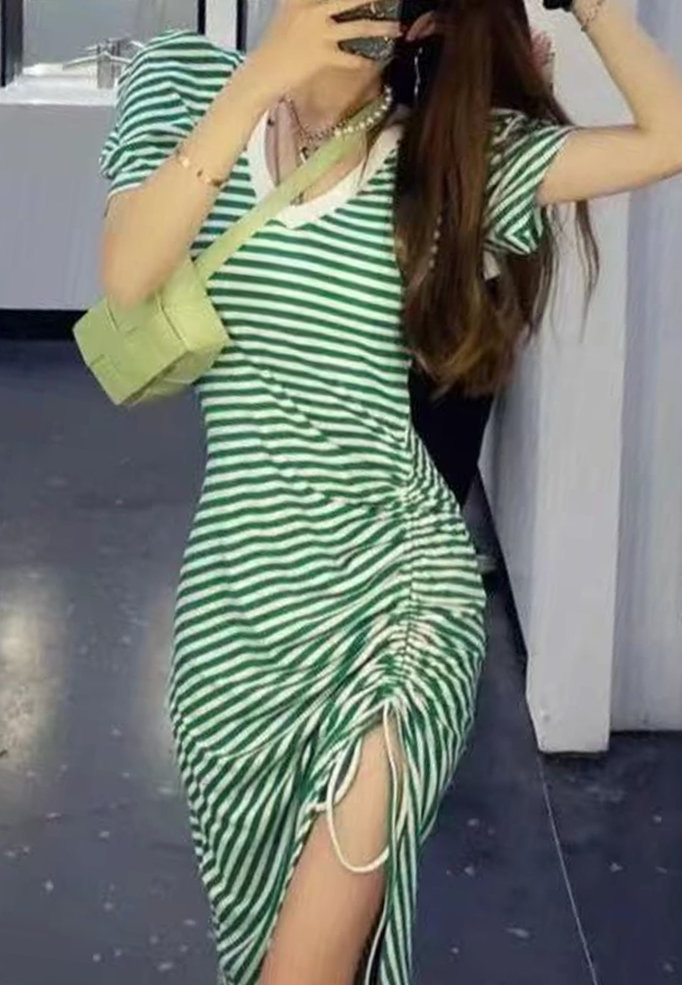 Summer new fashion striped side slit knitted dress CA24050617BK