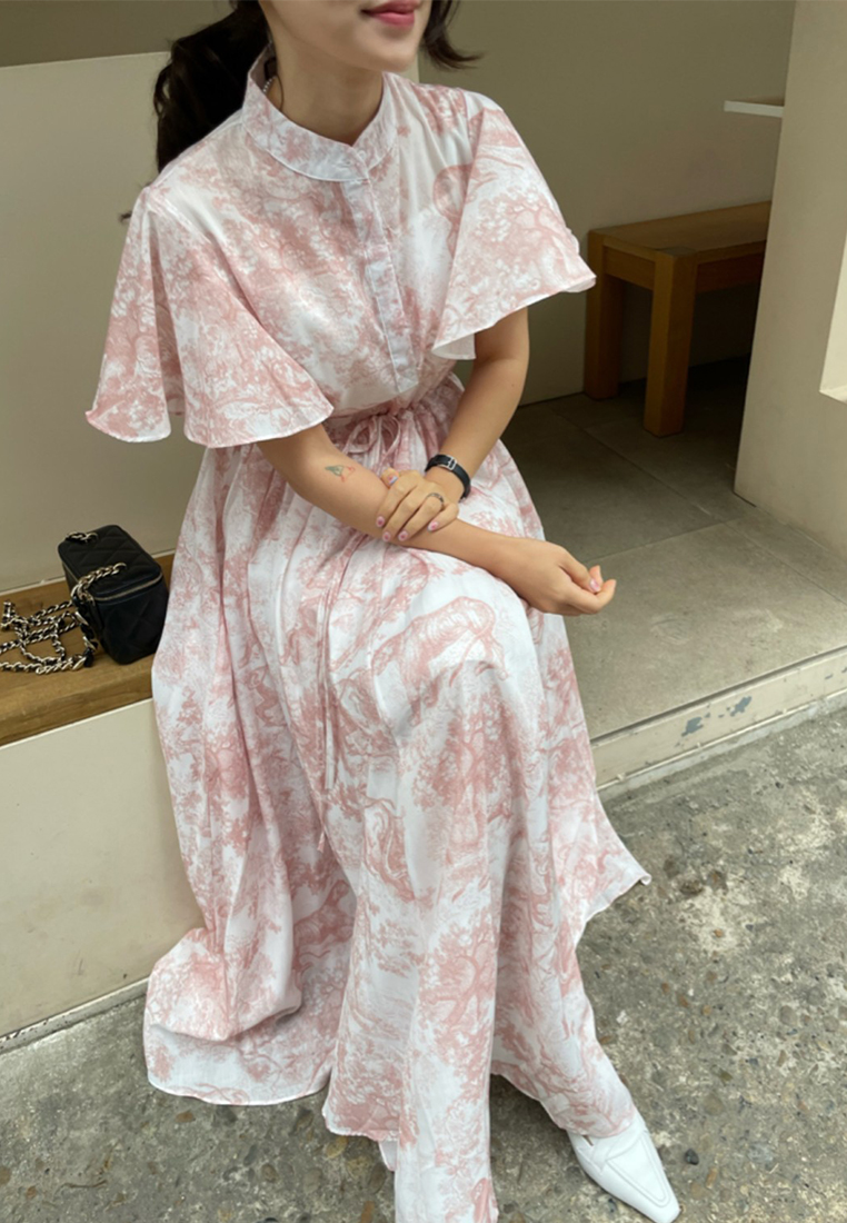 Summer vintage ink wash lace up chiffon dress CA25032717RD