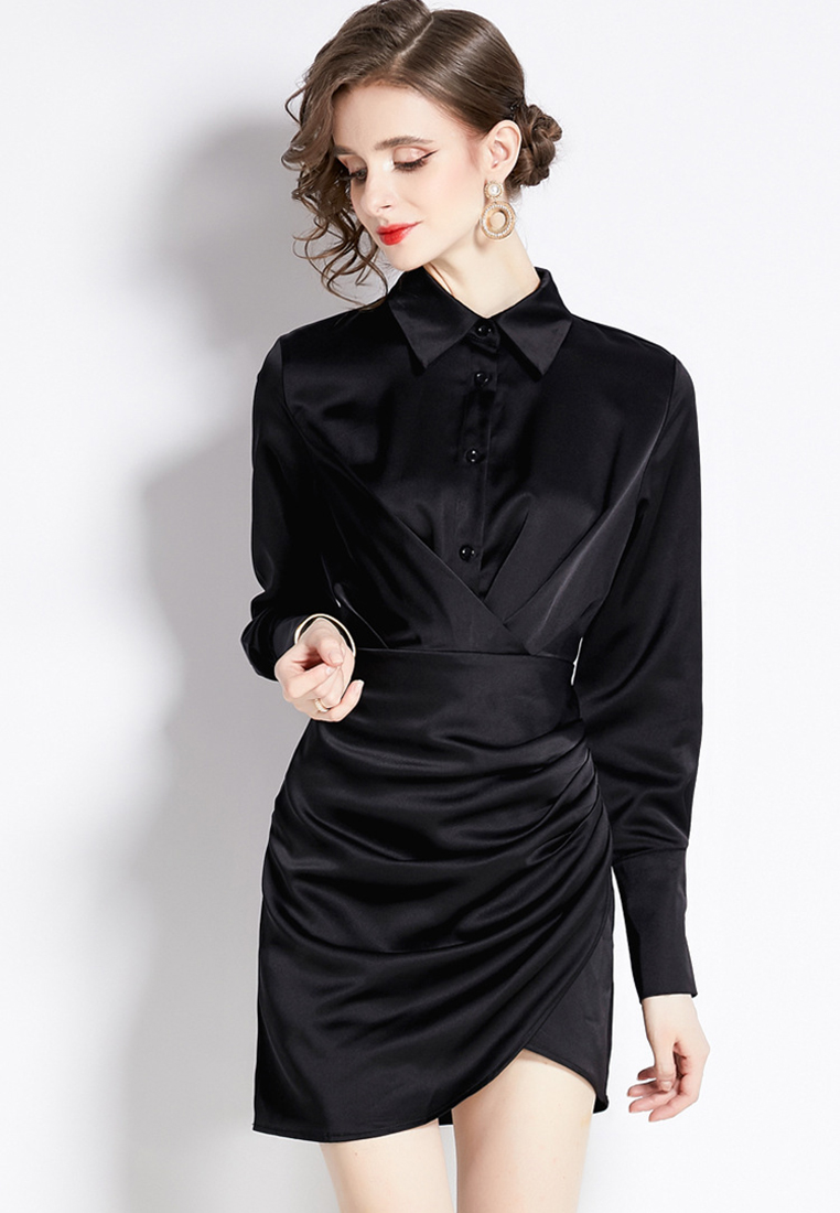 2024 temperament new waist cinched long sleeved dress CA24073118BK