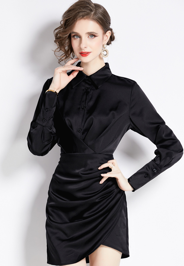 2024 temperament new waist cinched long sleeved dress CA24073118BK