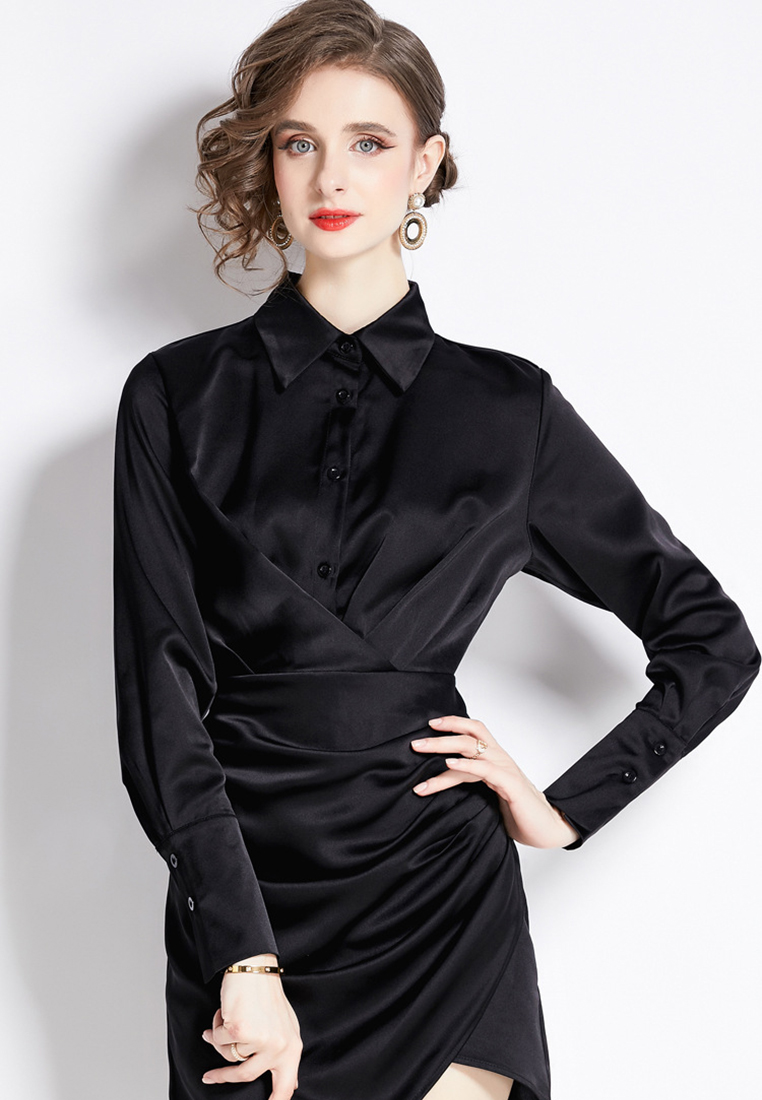 2024 temperament new waist cinched long sleeved dress CA24073118BK