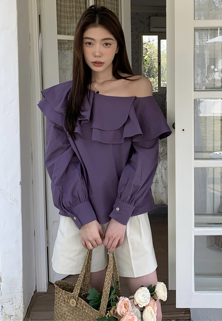 New French off-shoulder double-layer ruffle shirt CA25022418PU