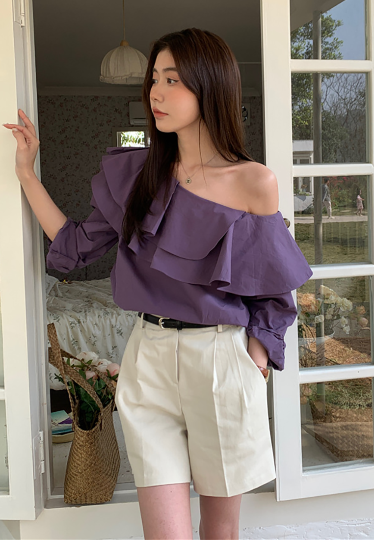 New French off-shoulder double-layer ruffle shirt CA25022418PU
