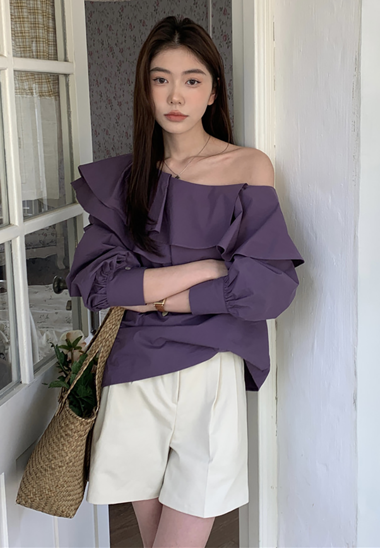 New French off-shoulder double-layer ruffle shirt CA25022418PU