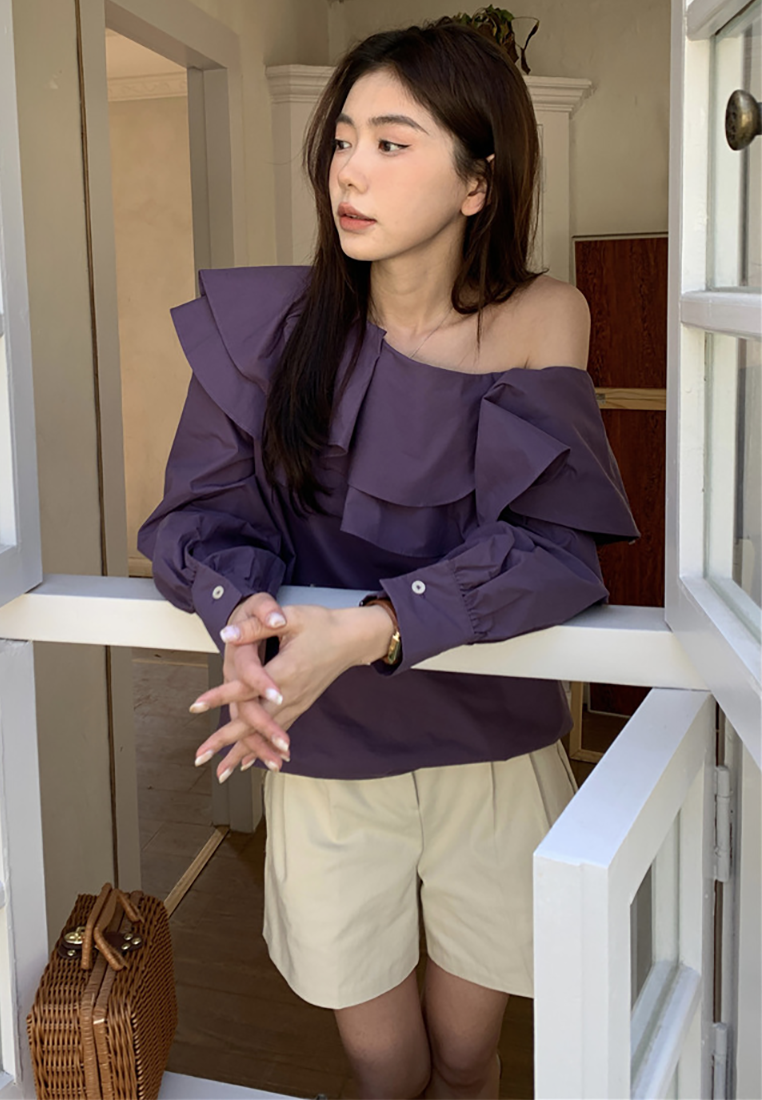 New French off-shoulder double-layer ruffle shirt CA25022418PU