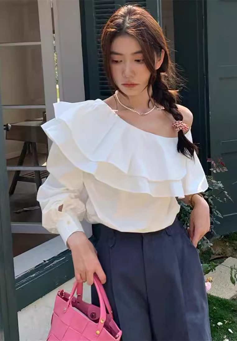 New French off-shoulder double-layer ruffle shirt CA25022418PU