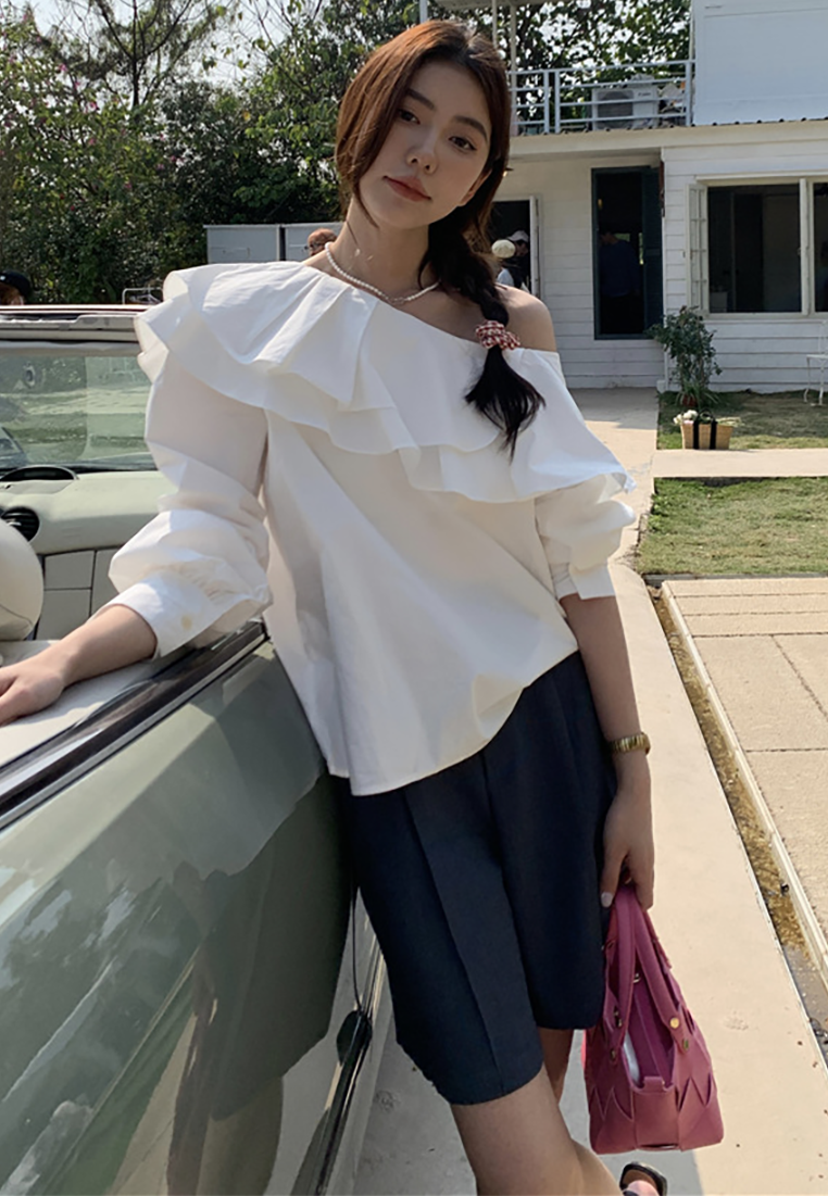 New French off-shoulder double-layer ruffle shirt CA25022418PU
