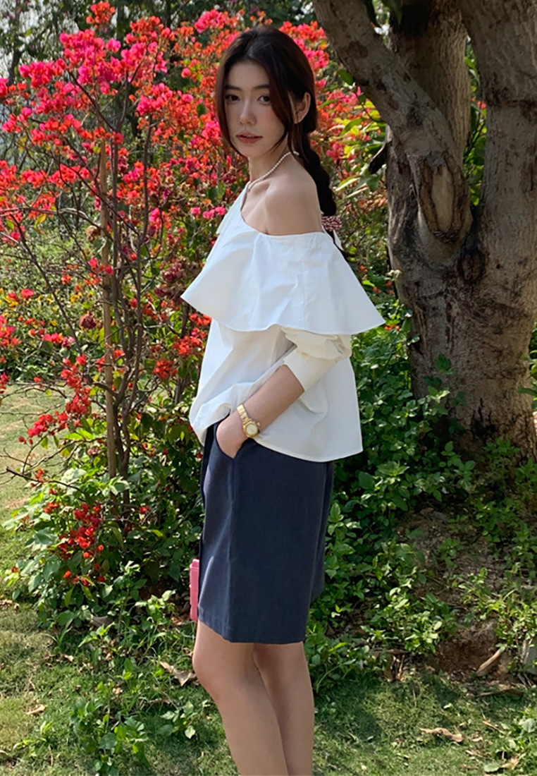 New French off-shoulder double-layer ruffle shirt CA25022418PU