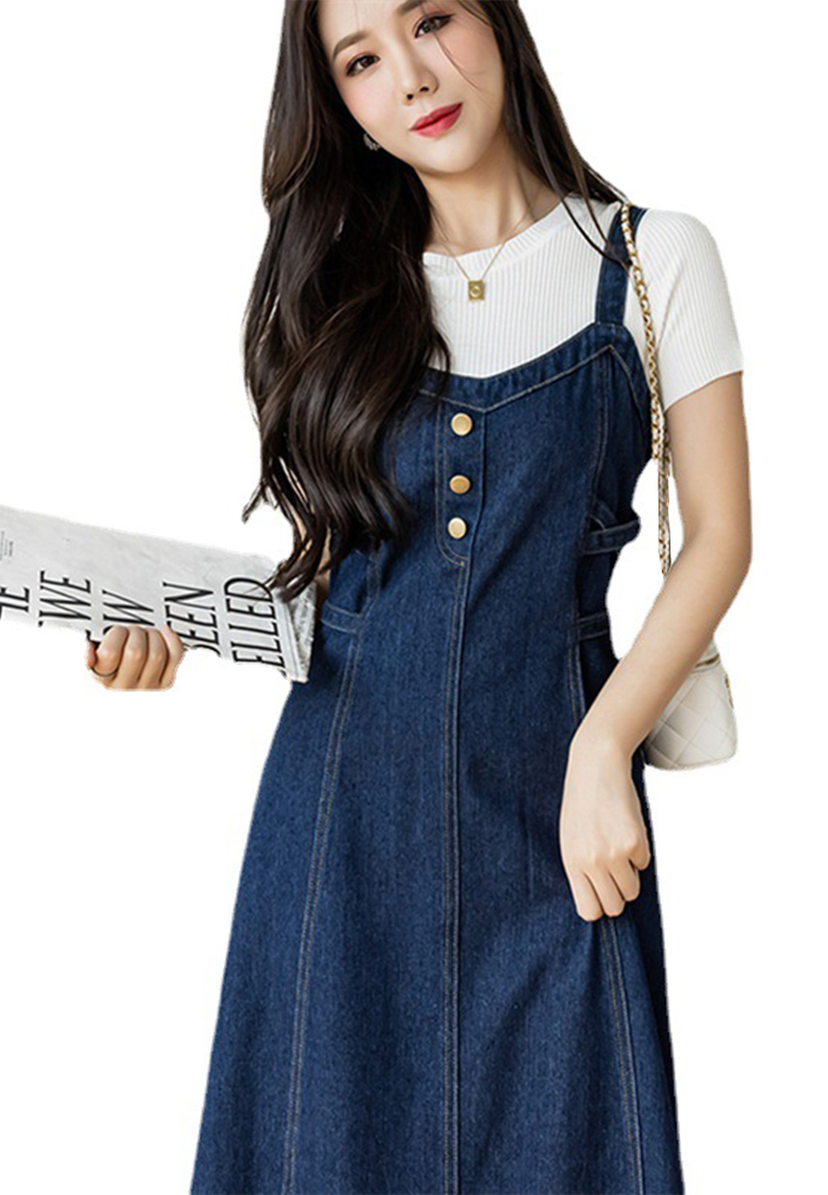 New Korean version of casual denim strap long skirt CA24030718