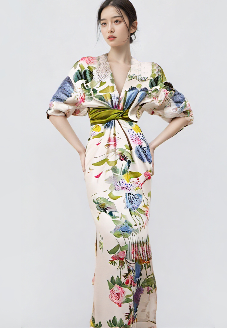 French elegant printed waist cinching dress CA25032718MT