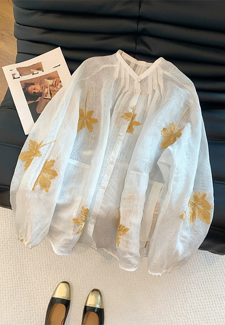 New Chinese Style Tie-Front Embroidered Floral Linen Shirt CA25091518W