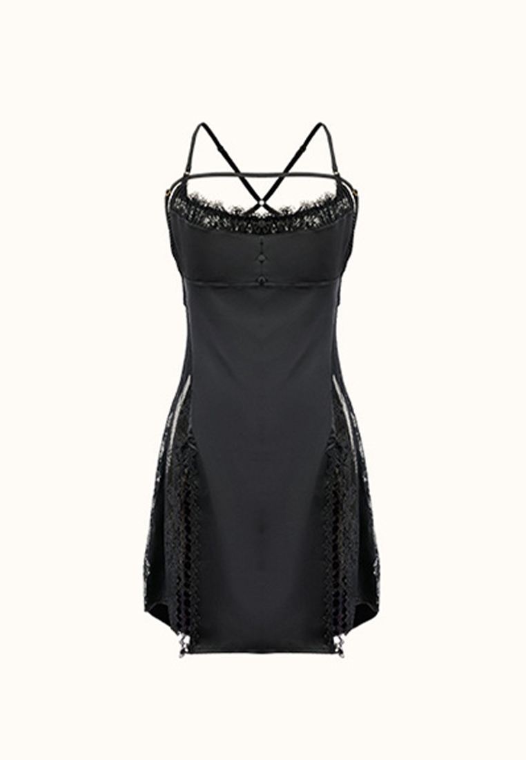 French lace slit slip dress A010418BK