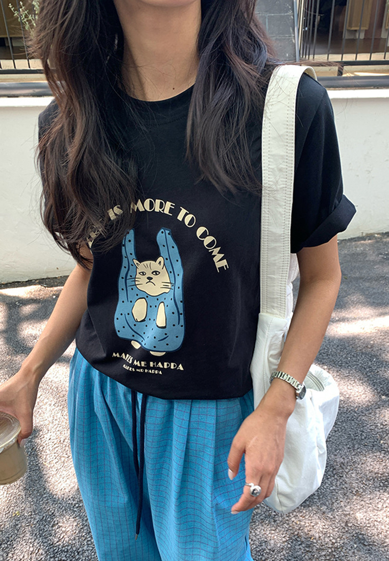 New printed letter loose short sleeved top CA25042918BK