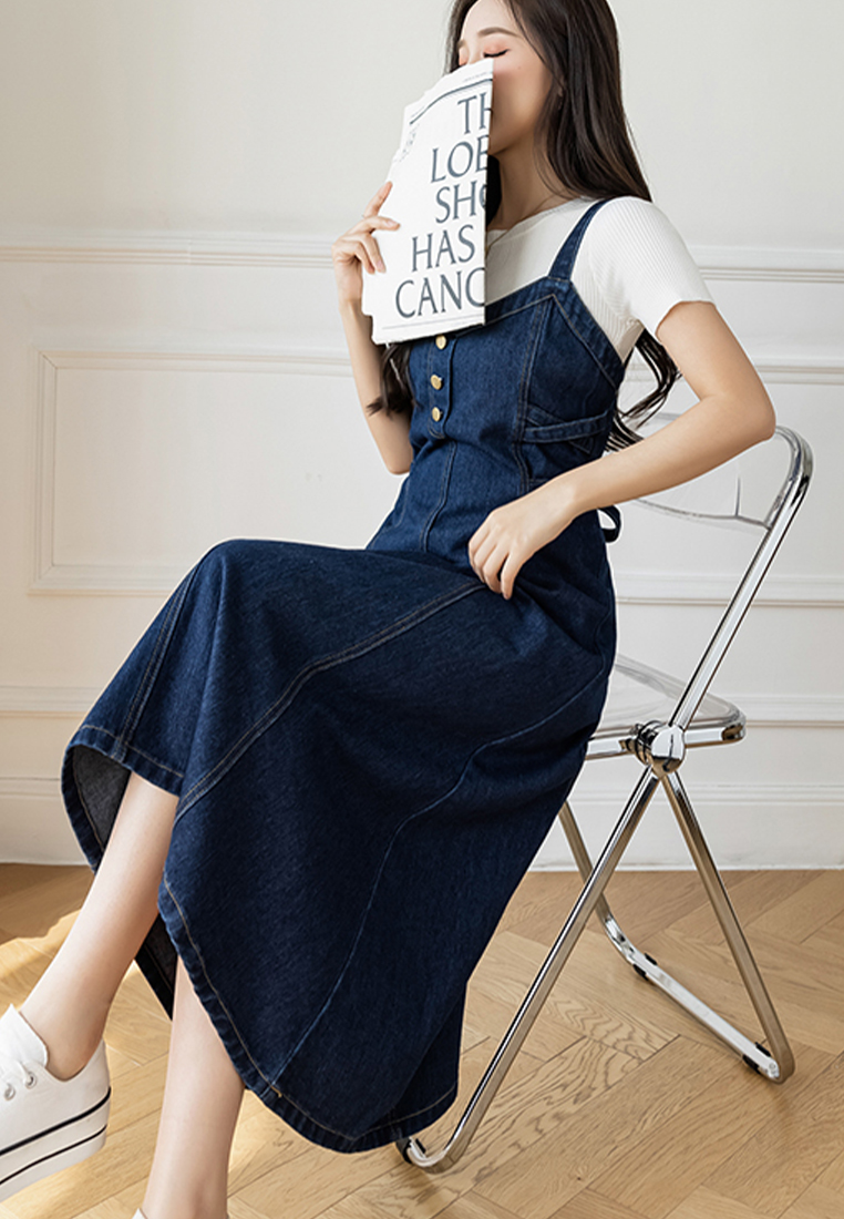New Korean version of casual denim strap long skirt CA24030718