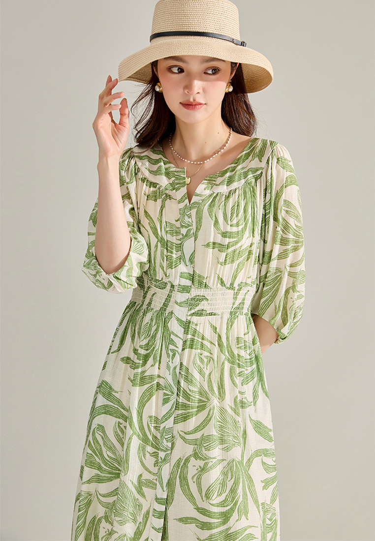 2024 Green chiffon printed waist cinching dress CA24091118GR