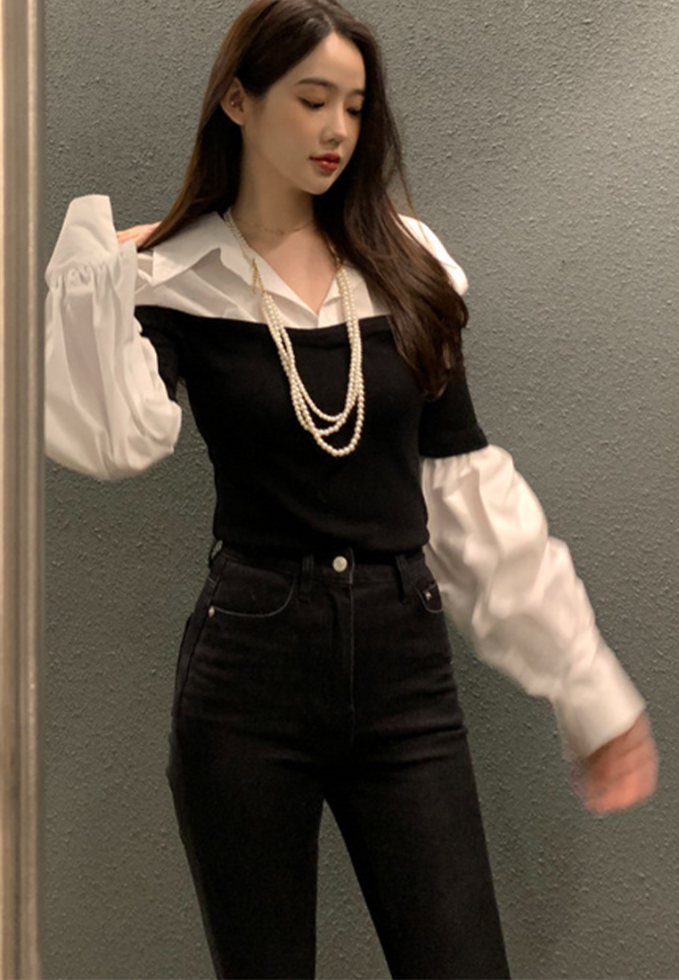 Korean style contrasting splicing slim fit shirt CA241128118MT