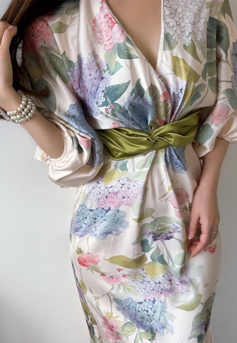 French elegant printed waist cinching dress CA25032718MT