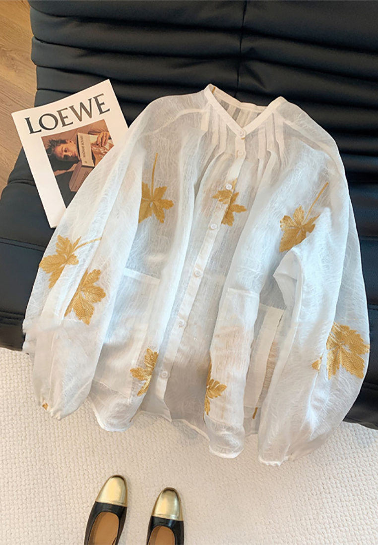 New Chinese Style Tie-Front Embroidered Floral Linen Shirt CA25091518W