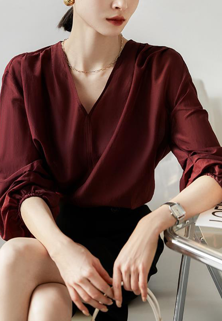 V-neck pullover soft silk top shirt CA090818