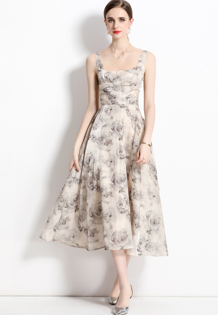 New French vintage print slip dress A021918