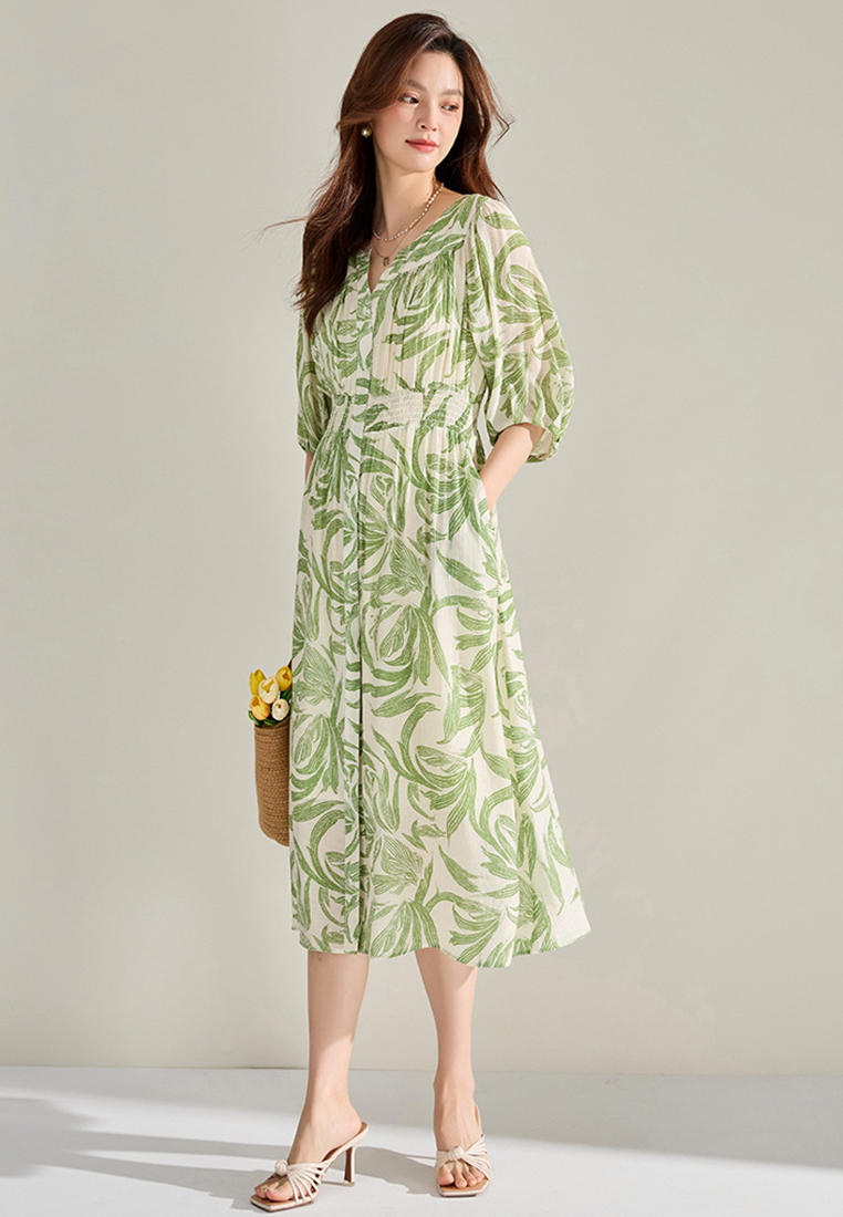 2024 Green chiffon printed waist cinching dress CA24091118GR