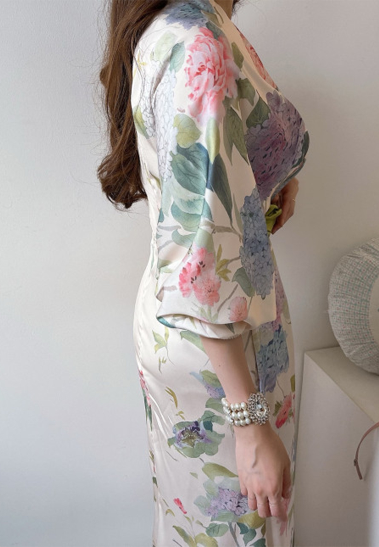 French elegant printed waist cinching dress CA25032718MT