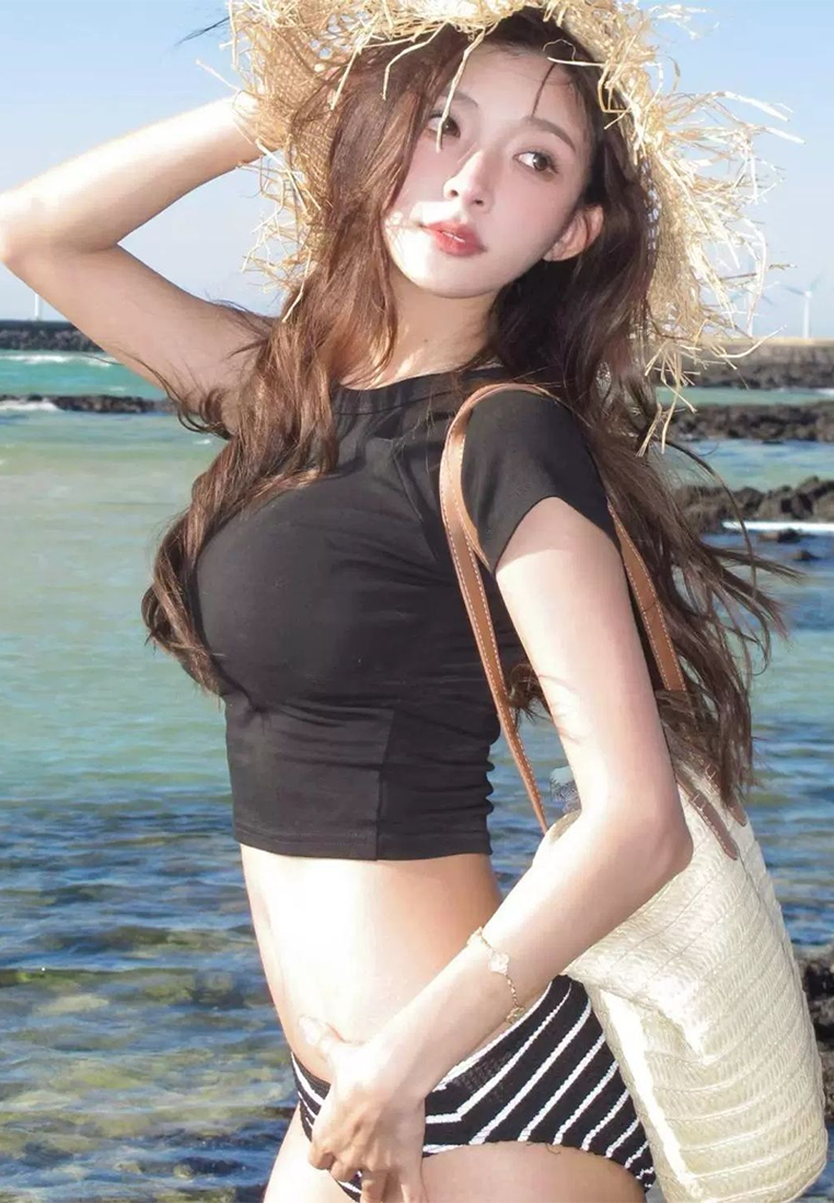 Hottie black short-sleeved striped bikini three-piece set CA250523018MT