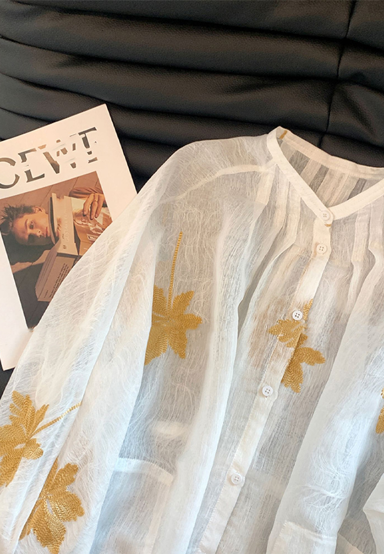 New Chinese Style Tie-Front Embroidered Floral Linen Shirt CA25091518W