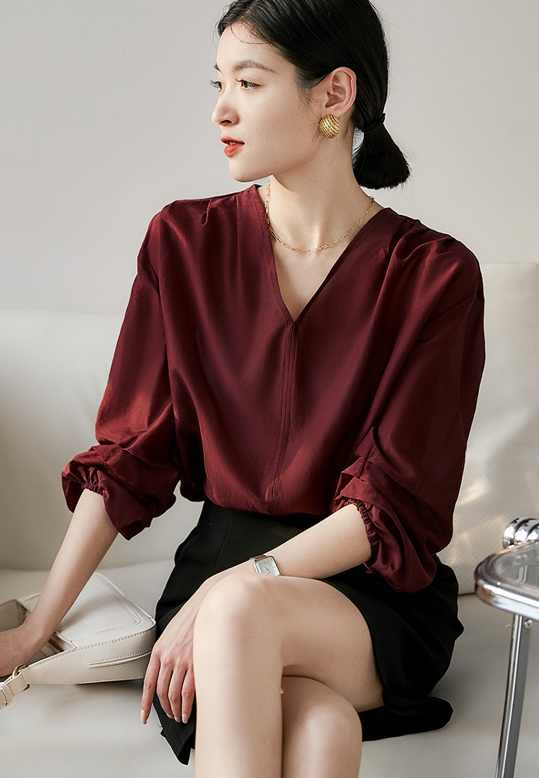 V-neck pullover soft silk top shirt CA090818