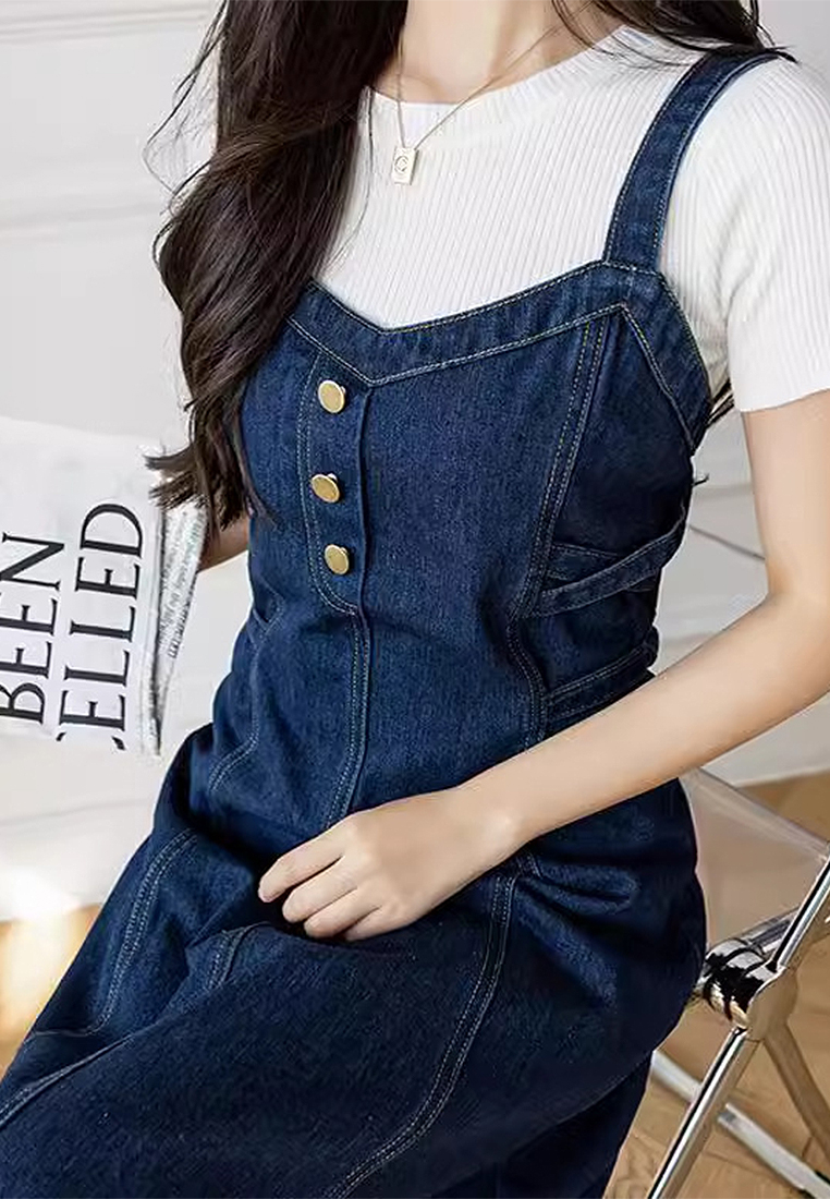 New Korean version of casual denim strap long skirt CA24030718
