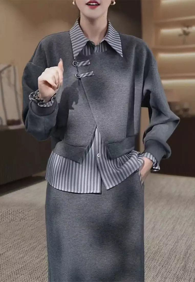 Casual Fashion Coat Half Skirt Set CA24092704GY