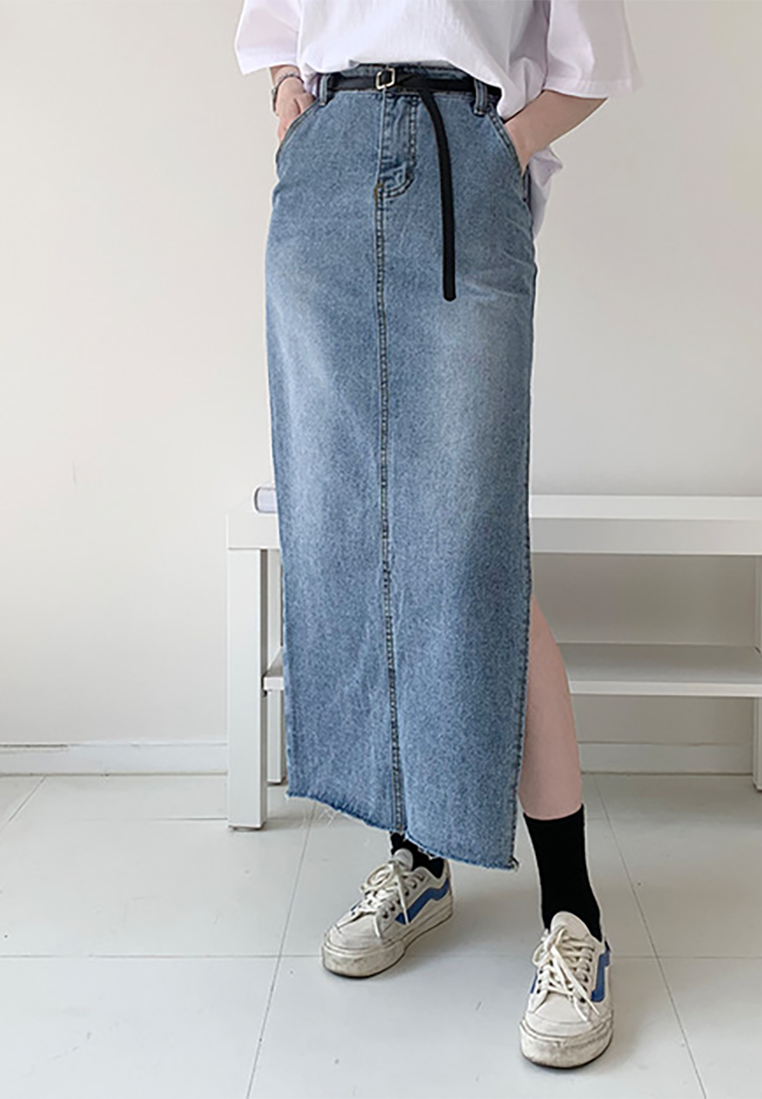 2025 New French Retro High Waist Side Slit Denim Skirt CA25022419BL