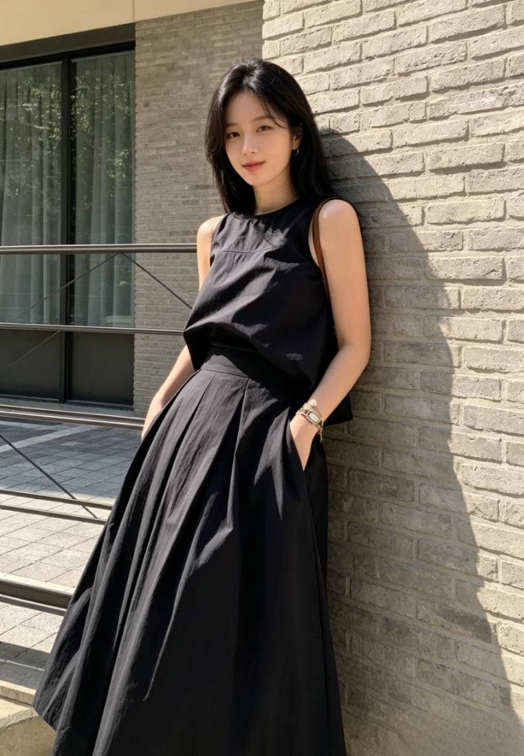 Chic Style Linen blend Sleeveless Crop Top Maxi Skirt Set Multi Color K26042903