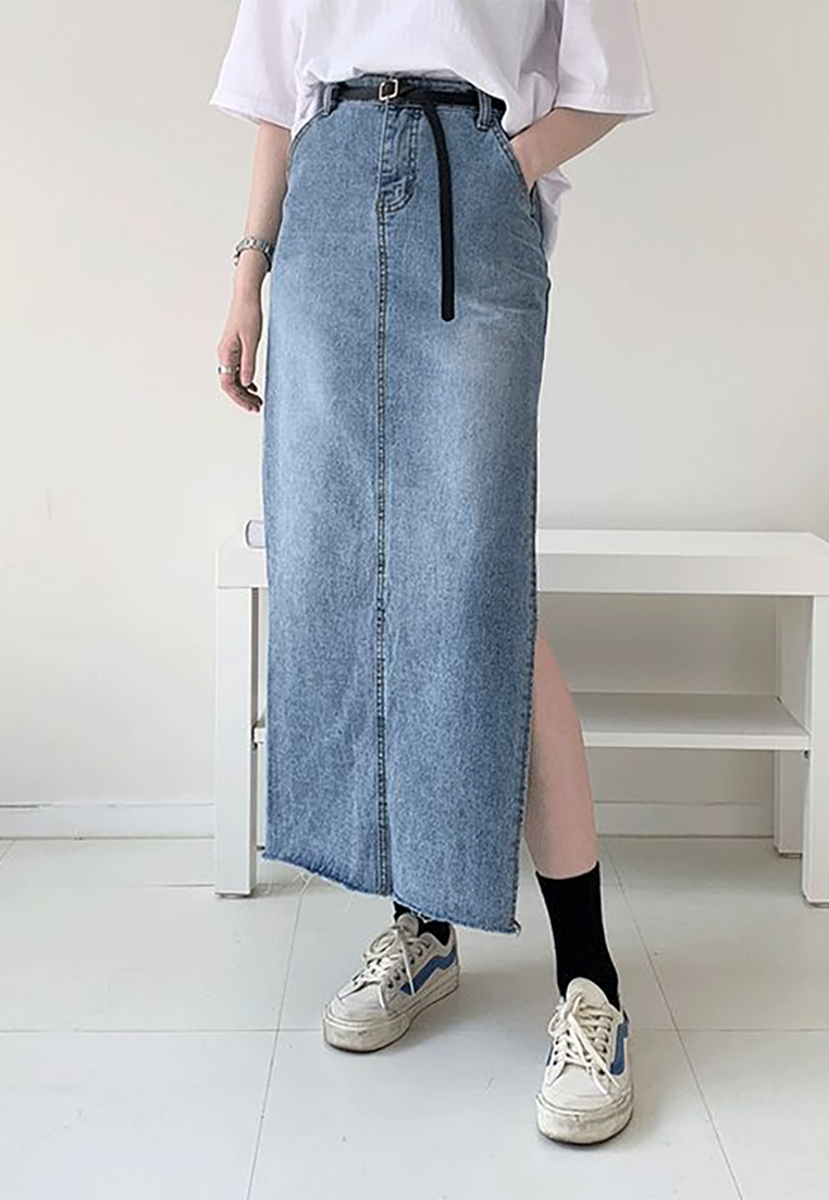 2025 New French Retro High Waist Side Slit Denim Skirt CA25022419BL