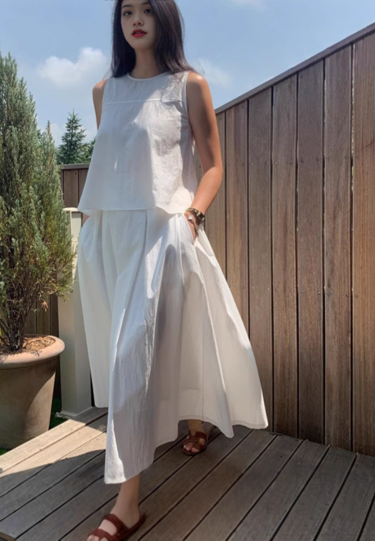 Chic Style Linen blend Sleeveless Crop Top Maxi Skirt Set Multi Color K26042903