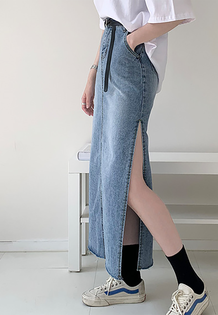 2025 New French Retro High Waist Side Slit Denim Skirt CA25022419BL