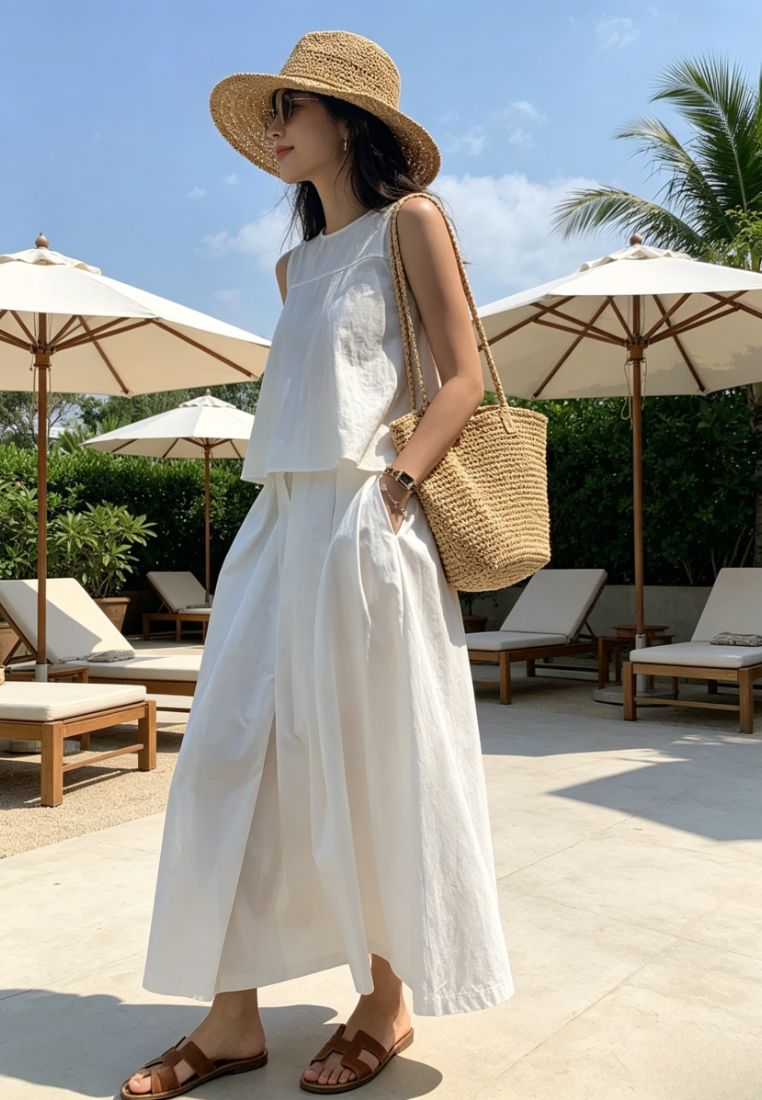 Chic Style Linen blend Sleeveless Crop Top Maxi Skirt Set Multi Color K26042903