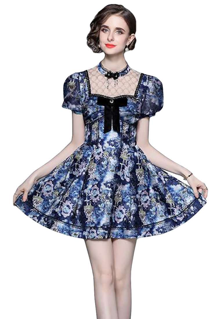 Elegant Puff Sleeve Button Decorated Bow Dress A110619