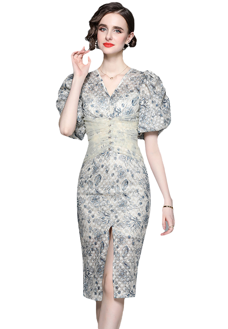 Temperament V-neck French luxury floral skirt A021919